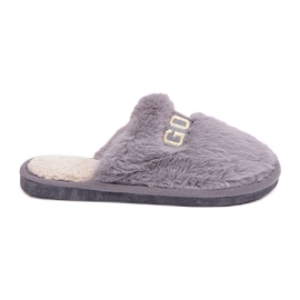 Pantuflas de mujer con pelo e inscripción, gris