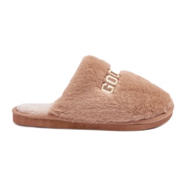 Zapatillas de mujer con pelo y inscripción. beige
