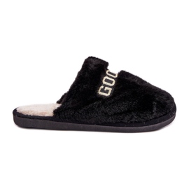 Pantuflas de mujer con pelo e inscripción, negro