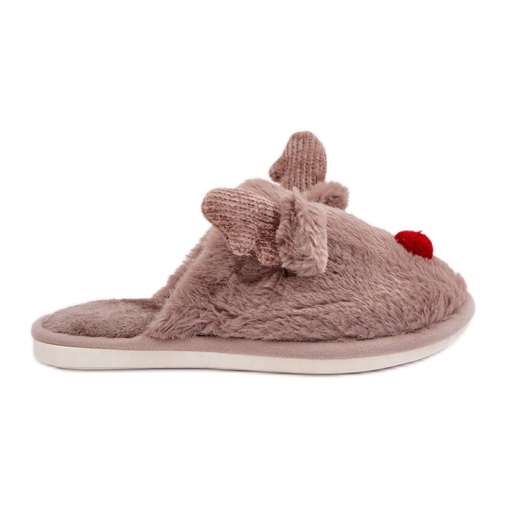 Pantuflas de mujer de pelo con estampado de renos, beige oscuro