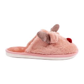 Pantuflas de mujer de pelo con motivo de reno, rosa