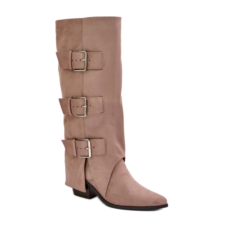Seastar Botas beige de tacón con parte superior vuelta y hebillas
