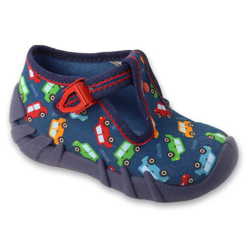Pantuflas infantiles befado con cierres 110P509, azul marino con estampado de coches Pantuflas infantiles befado con cierres 110P509, azul marino con estampado de coches
