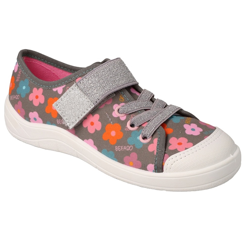 Pantuflas infantiles befado con velcro 351Y038, gris con flores e hilo plateado