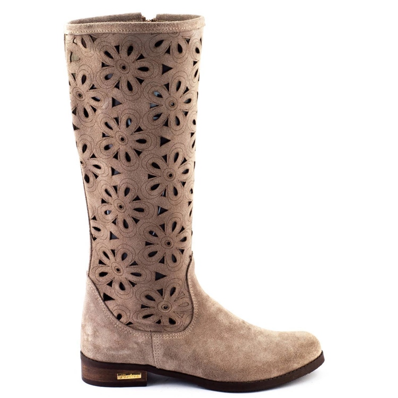 Olivier Botas de mujer caladas con flores, beige oscuro