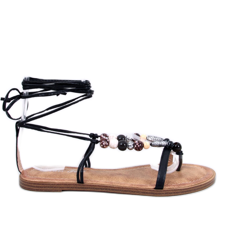 Sandalias de mujeres atadas boho negros con decoraciones