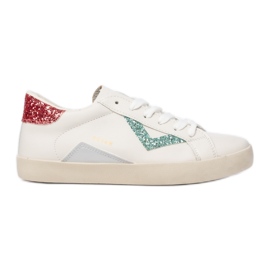 Zapatillas blancas para mujeres, insertos verdes rosados blanco