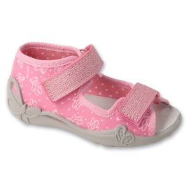 Pantuflas infantiles befado con velcro, inserción de piel 342P066, rosa