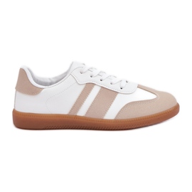 Zapatillas de deporte para mujeres bajas con beige de cuero ecológico y blanco