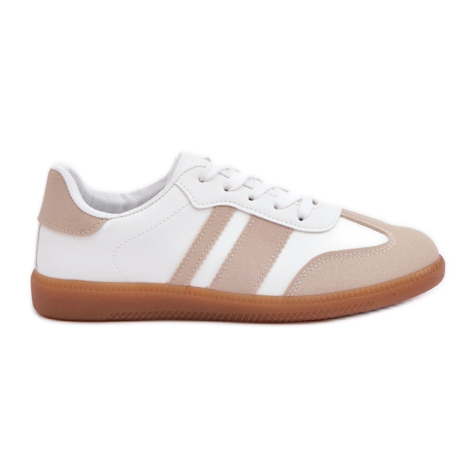 Zapatillas de deporte para mujeres bajas con beige de cuero ecológico y blanco
