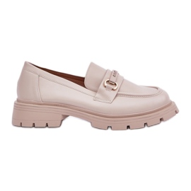 Mocasines de mujer clásicos con beige de cuero ecológico con adorno