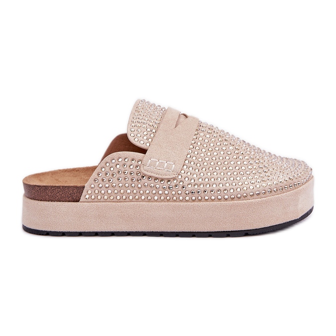 Zapatillas para mujeres decoradas con circones en la plataforma beige