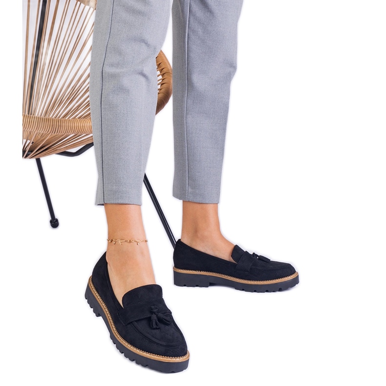 Mocasines de mujeres negras de Ekozamsz con flecos negro
