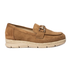 Mocasines de mujer perforados con un camello de decoración dorada beige Mocasines de mujer perforados con un camello de decoración dorada beige