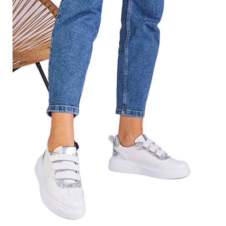 Zapatillas blancas y plateadas para mujeres para velcro decorado con brillo blanco