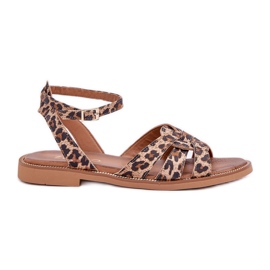 Zazoo Sandalias de cuero para mujer plana leopardo leopardo estampado 3688 marrón