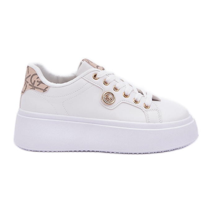 Zapatillas de zapatillas de cuero en una plataforma con un detalle dorado dorado blanco