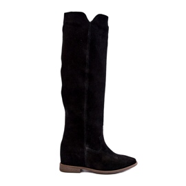Zazoo 3407 botas de rodilla de gamuza para mujeres con tacones planos negro