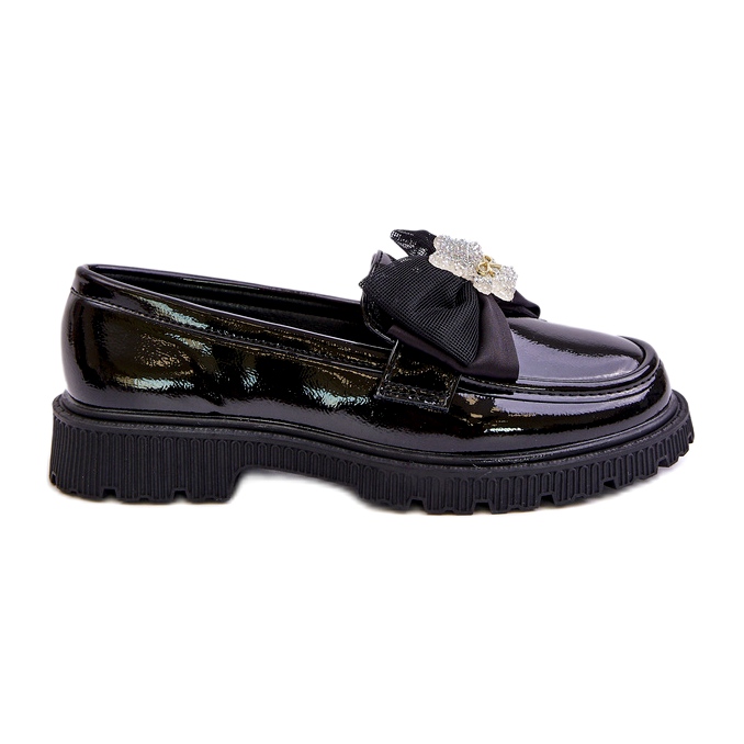 Mocasines de niñas pintadas con un arco de cuero negro ecológico
