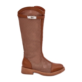 Botas de tacón plano medio terneros marrones de la hora marrón