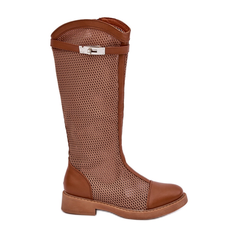 Botas de tacón plano medio terneros marrones de la hora marrón