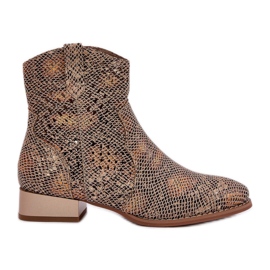 Jezzi Botas de trabajo de trabajo de mujer de baja tacón decoradas con un patrón de animales de oro dorado Jezzi Botas de trabajo de trabajo de mujer de baja tacón decoradas con un patrón de animales de oro dorado