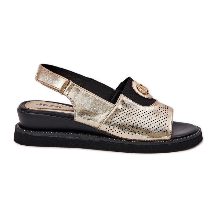 Jezzi Sandalias de mujeres para cuñas de oro con adornos dorado