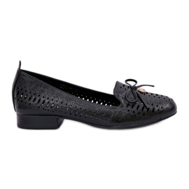Jezzi Ballerinas de Openwork con un arco de cuero negro ecológico