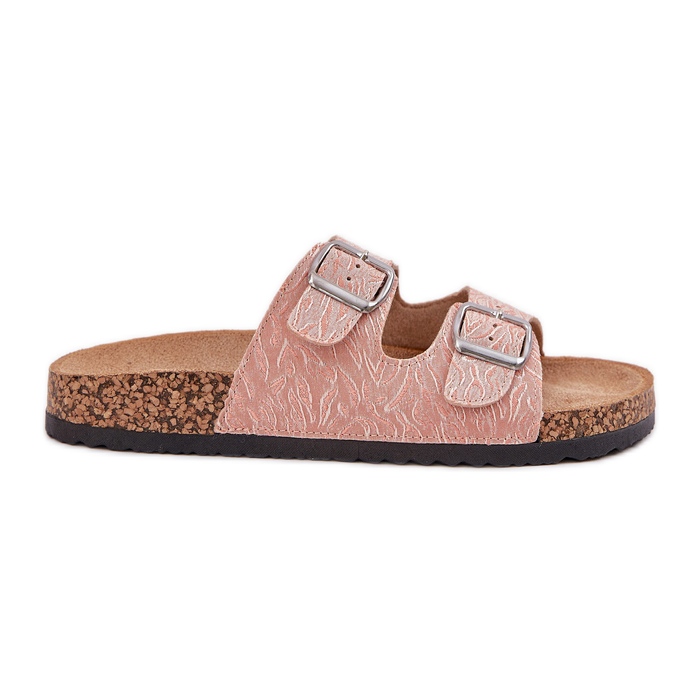 Material flip -flops en una suela de corcho con hebillas rosadas rosado