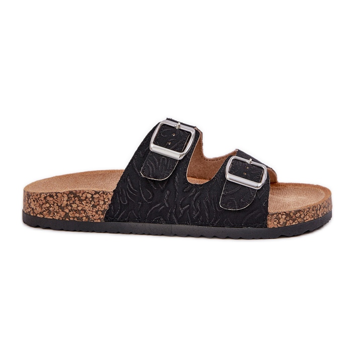 Material chanclas en una suela de corcho con abrazaderas negras negro