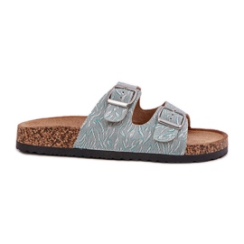 Material flip -flops en una suela de corcho con hebillas de menta verde