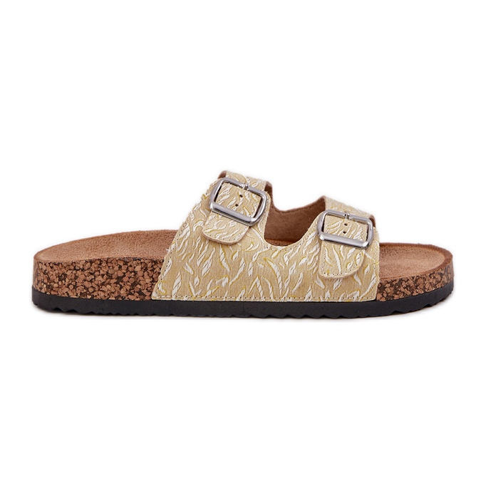 Material chanclas sobre una suela de corcho con hebillas amarillas amarillo