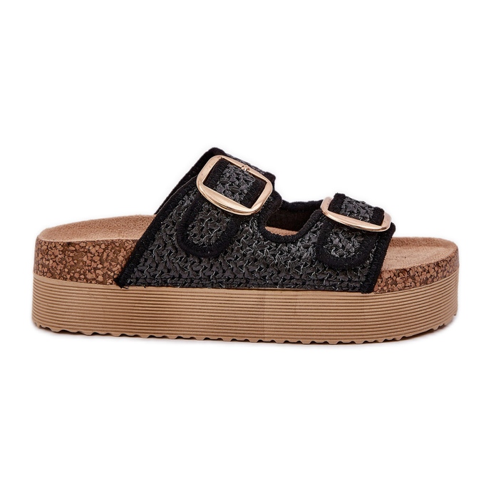 Zapatillas con trenza y hebillas en la plataforma masiva negra negro