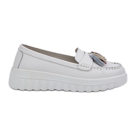 Mocasines de cuero para mujeres con flecos en la plataforma blanca blanco