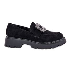 Mocasines para mujeres de gamuza ecológica con un broche decorativo negro