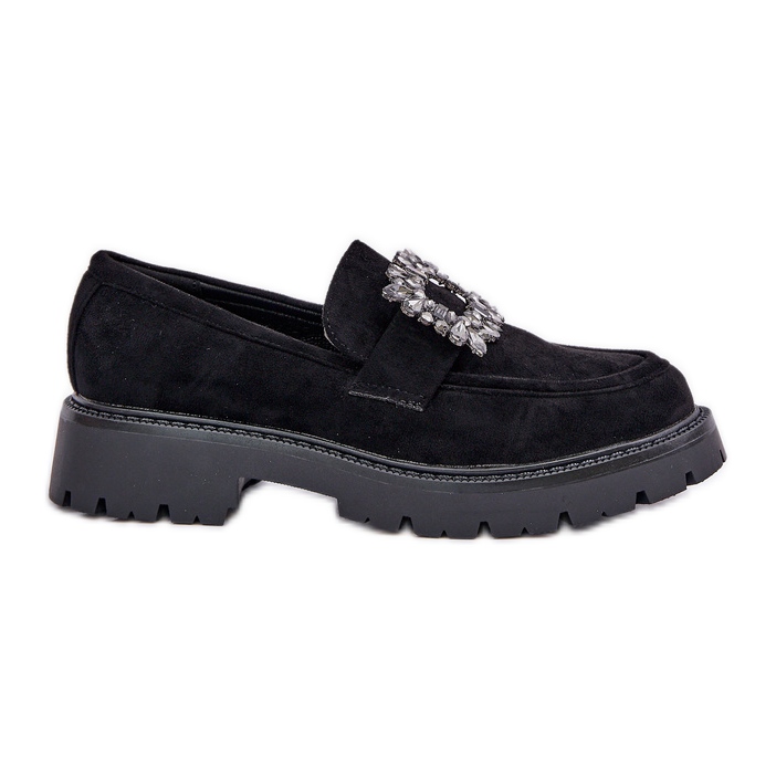 Mocasines para mujeres de gamuza ecológica con un broche decorativo negro