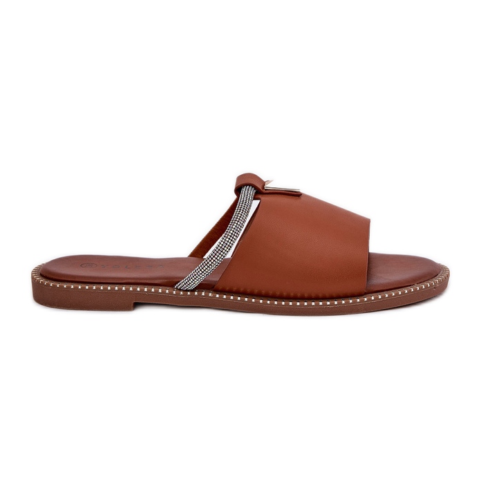 Chanclas de lente de cuero ecológica con una correa decorativa de camello marrón