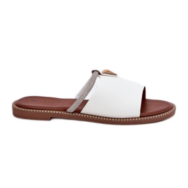 Chanclas de cazón plano de cuero ecológico con una correa decorativa blanca blanco Chanclas de cazón plano de cuero ecológico con una correa decorativa blanca blanco