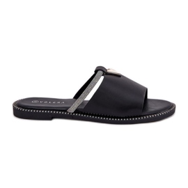 Chanclas de tacón plano de cuero ecológico con una tira decorativa correa negra negro