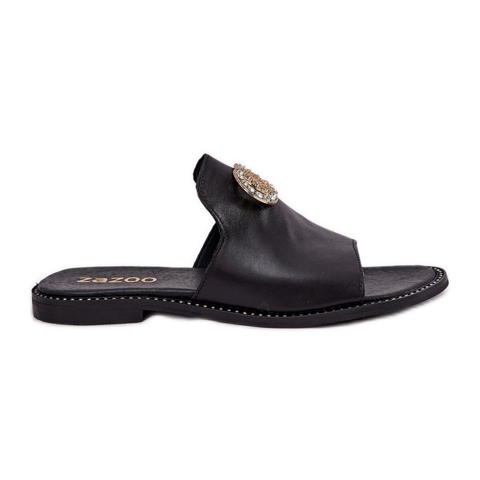 Elegantes chanclas para mujeres de cuero con decoración Zazoo 3008 Negro