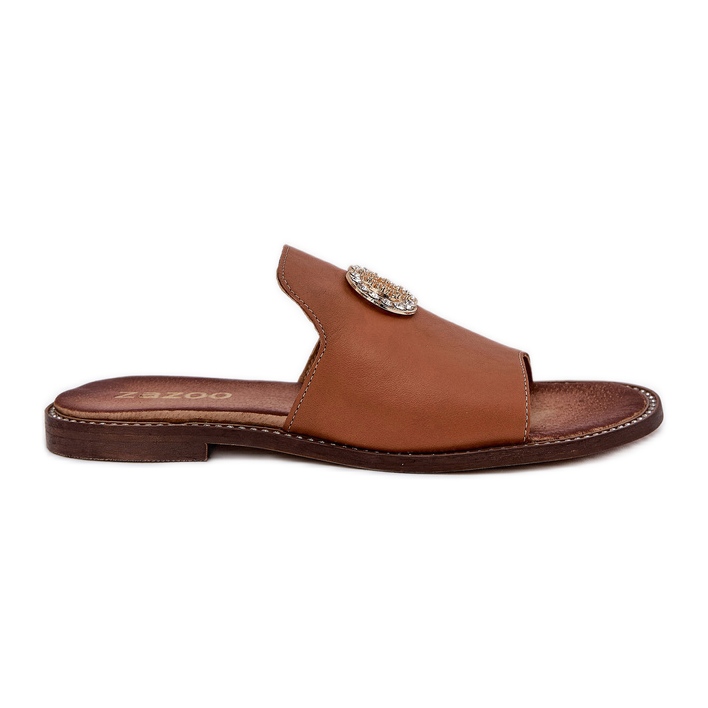 Elegantes chanclas para mujeres de cuero con decoración Zazoo 3008 Camel marrón