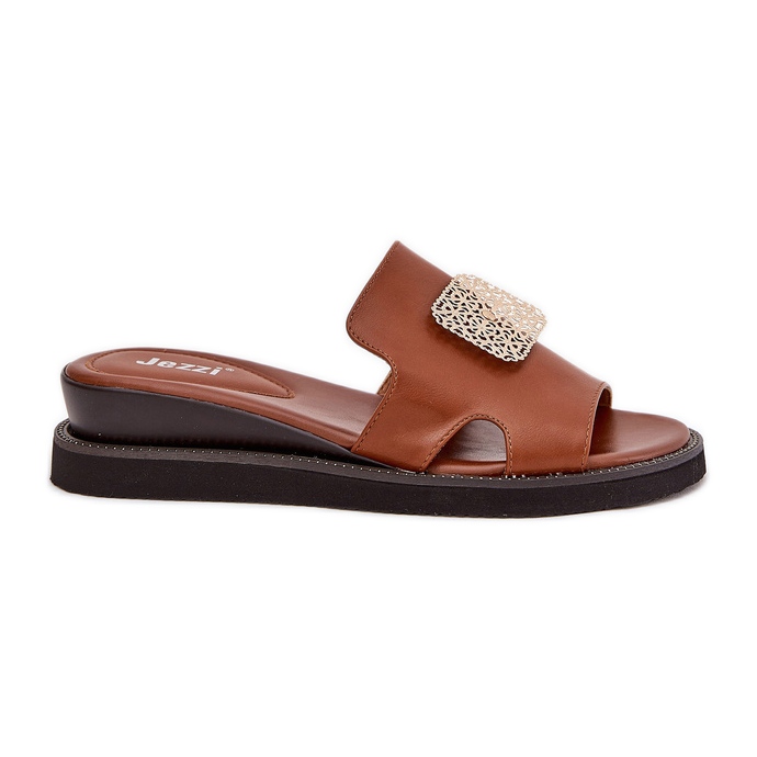 Jezzi Flip Flip Flip Flip en cuña de cuero a unión con decoración marrón Jezzi Flip Flip Flip Flip en cuña de cuero a unión con decoración marrón