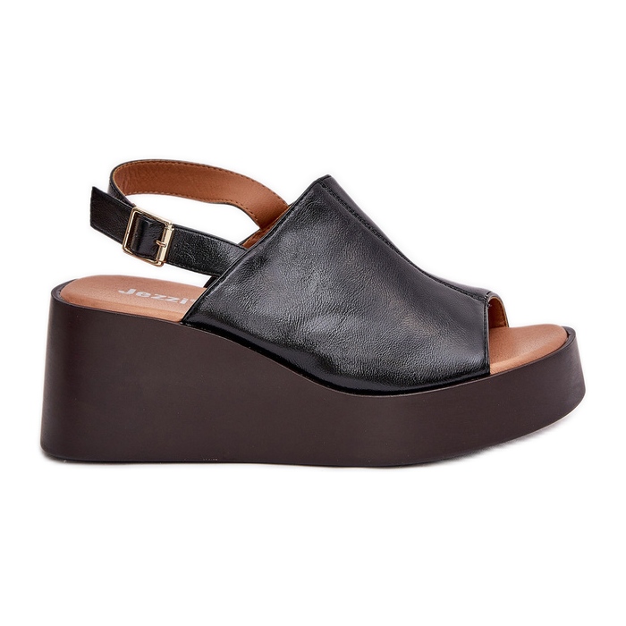 Jezzi Sandalias para mujeres con cuero ecológico en la plataforma y cuñas negras negro