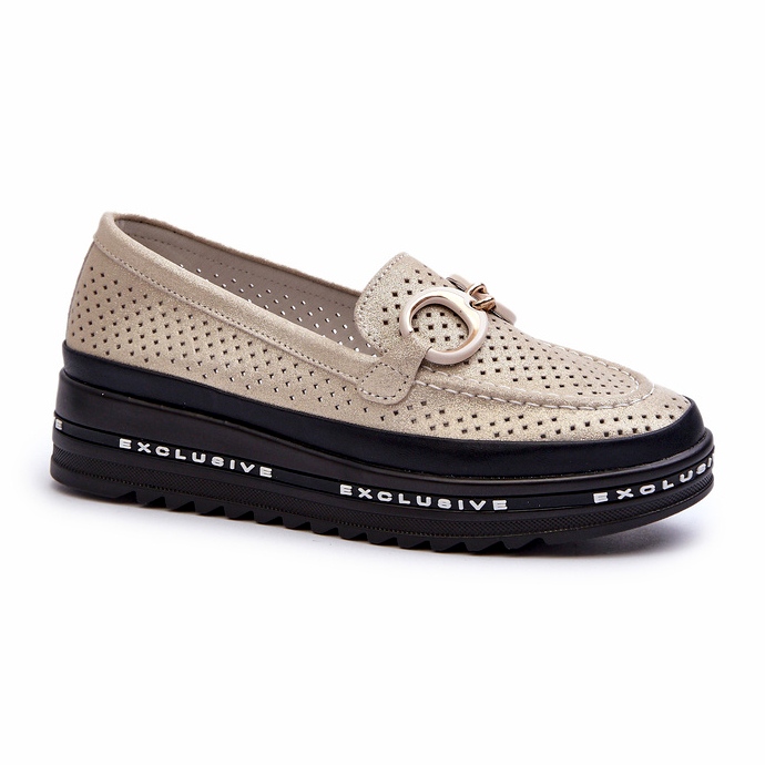 Mocasines De Mujer Piel Brillante En La Plataforma Con Decoración S.Barski LR750 Dorado