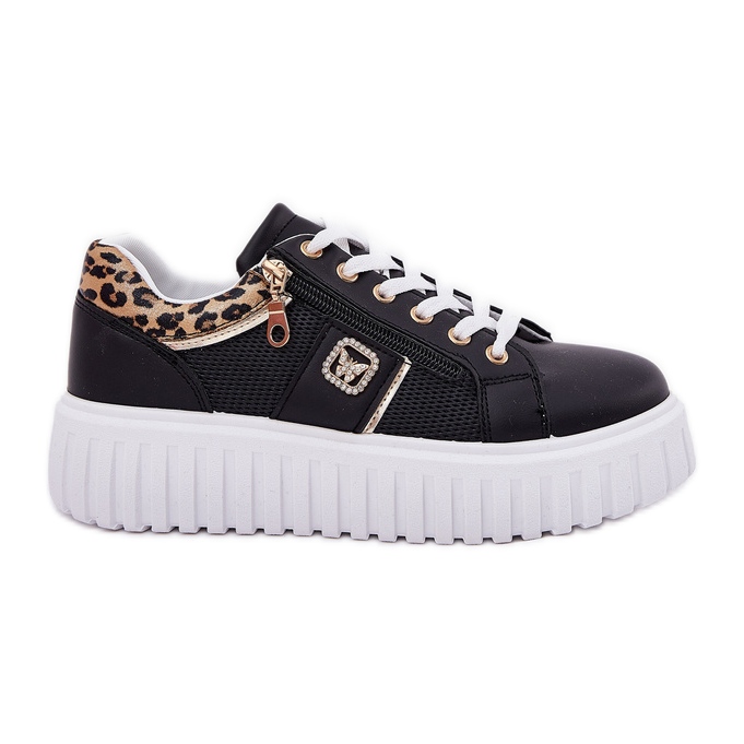 Zapatos deportivos femeninos en la plataforma con estampado de leopardo de leopardo de cuero ecológico negro