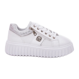 Zapatos deportivos femeninos en la plataforma con cuero ecológico blanco