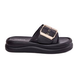 Zapatillas para mujeres en una plataforma masiva con una hebilla negra decorativa negro Zapatillas para mujeres en una plataforma masiva con una hebilla negra decorativa negro