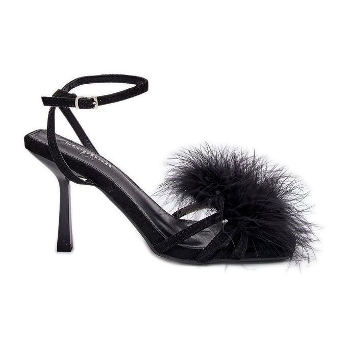 Sandalias de mujeres en un alfiler con plumas negras negro Sandalias de mujeres en un alfiler con plumas negras negro