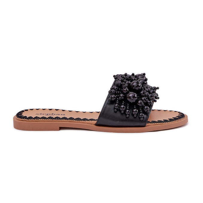 Zapatillas para mujeres planas con cuentas decorativas de cuentas negras negro