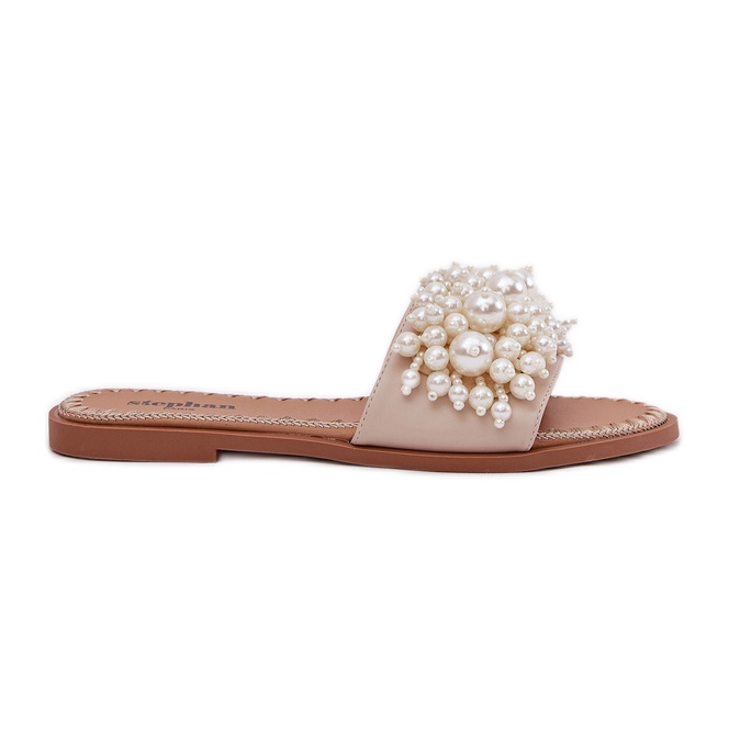 Chanclas planas para mujeres con cuentas decorativas beige